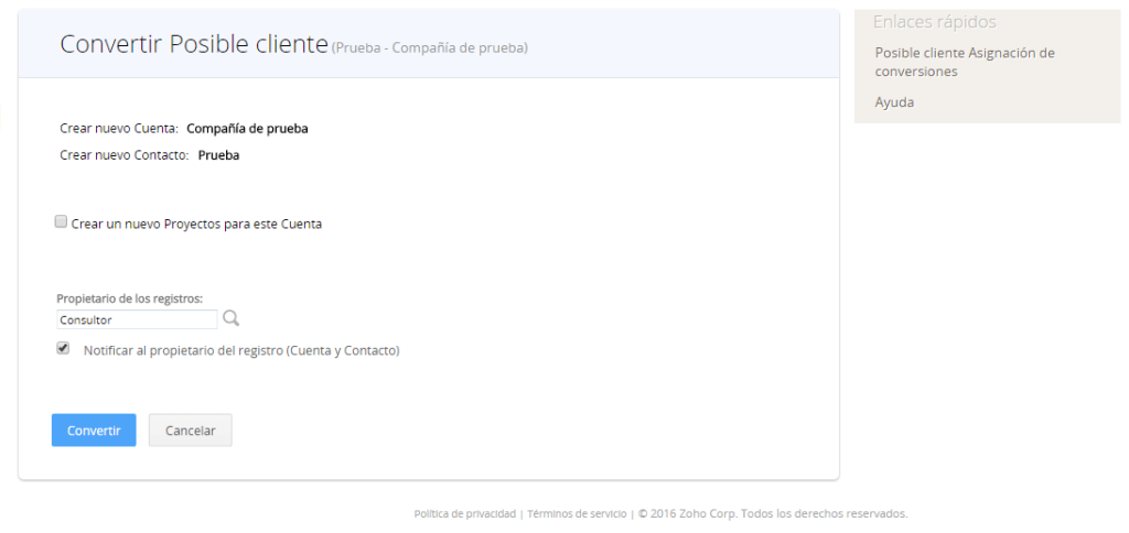 Convertir a un posible cliente en Zoho CRM