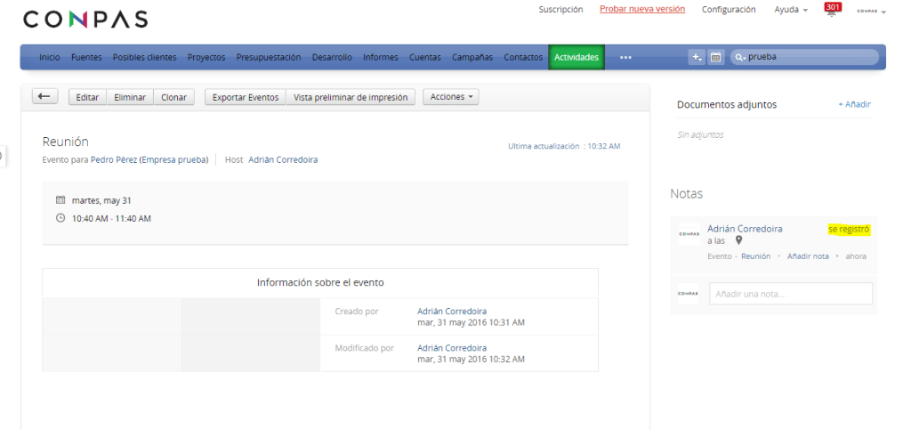 Ubicación registrada en el CRM