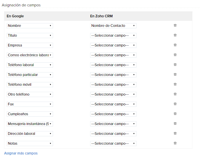 Asignación de campos Asignación de campos
