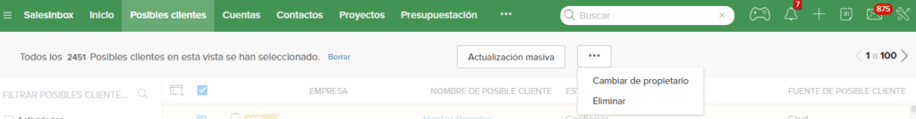Actualización, eliminación y cambio de propietario en Zoho CRM