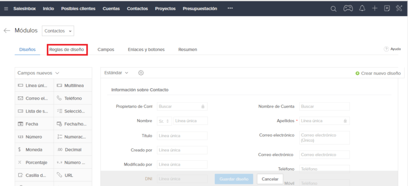 Formulario de un módulo en Zoho CRM