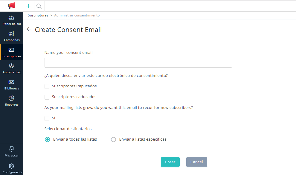 vista formulario de consentimiento zoho campaings