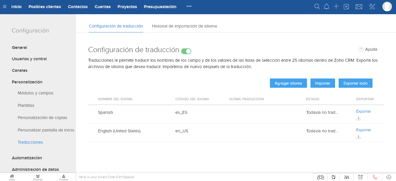 Configuracion Traduccion Zoho CRM