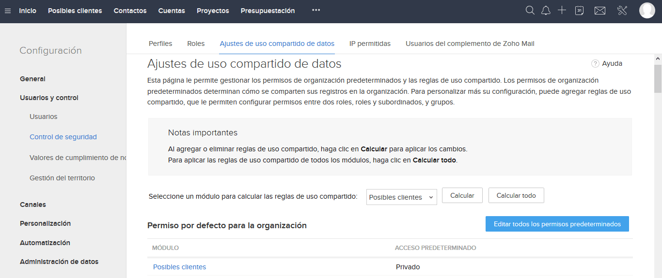 Control Ajustes Uso Compartido Zoho CRM