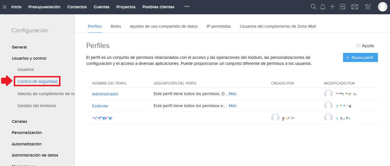 Control Perfiles Zoho CRM