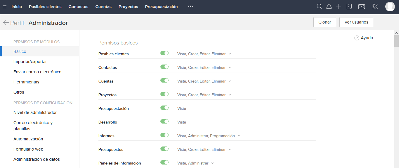 Control Perfiles Permisos Zoho CRM