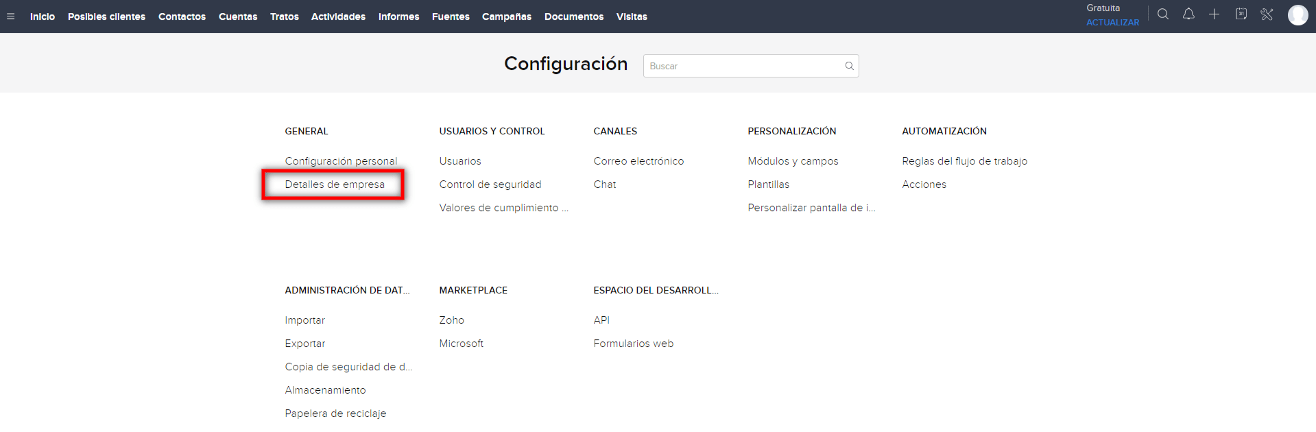 configuración zoho crm