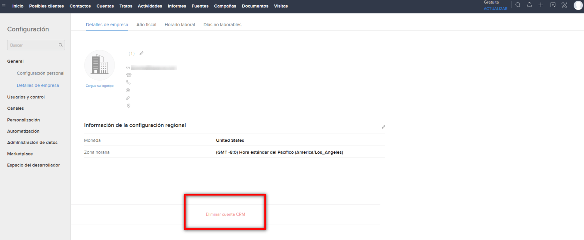 Eliminar cuenta de Zoho CRM