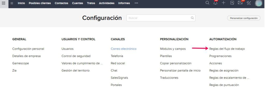 reglas de flujo de trabajo zoho crm